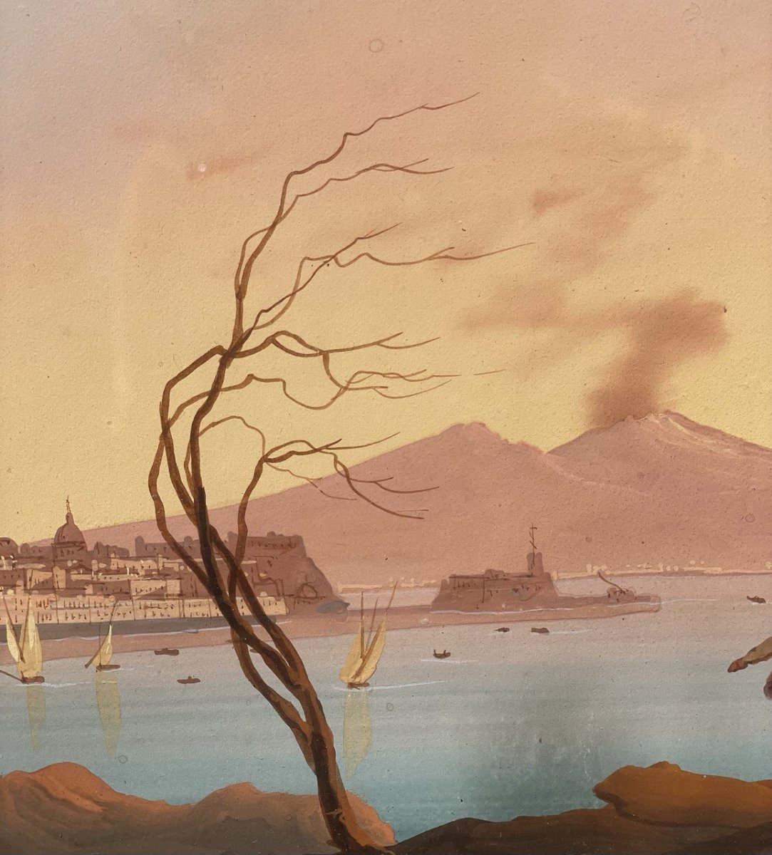 Pittore napoletano (XVIII-XIX sec.) - Veduta del Golfo di Napoli con il Vesuvio.-photo-1