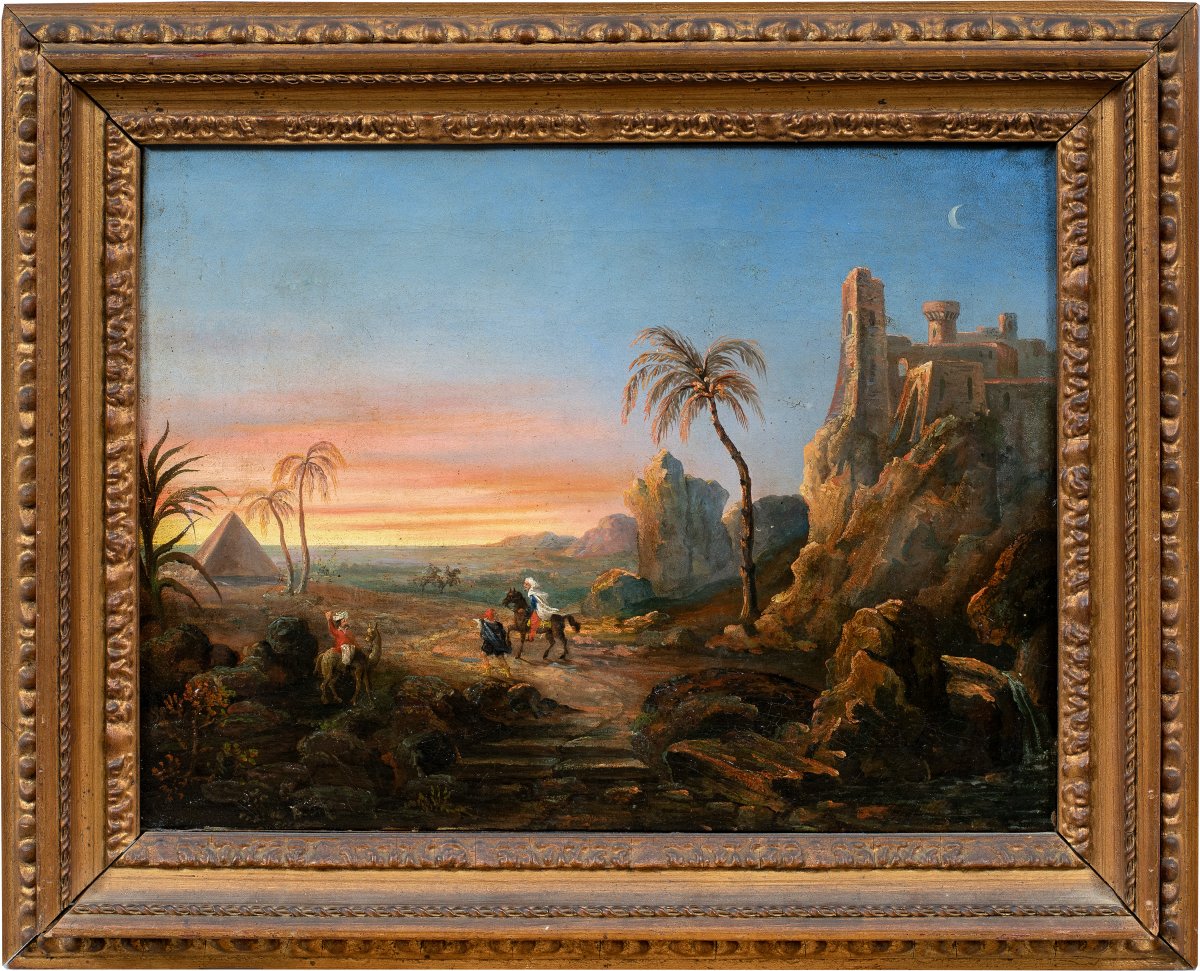 Pittore orientalista (XIX sec.) - Paesaggio con viandanti, rovine e piramide.