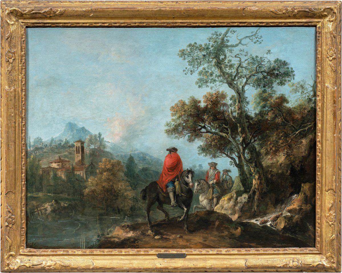 Francesco Zuccarelli (Pitigliano 1702 - Firenze 1788) - Paesaggio fluviale con cavalieri.