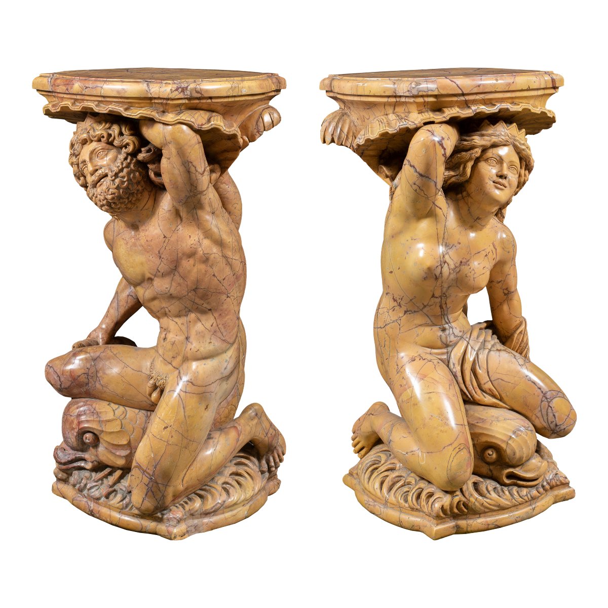 Scultore italiano (XIX-XX) - Coppia di sculture reggi-vaso raffiguranti Poseidone e Anfitrite.-photo-2
