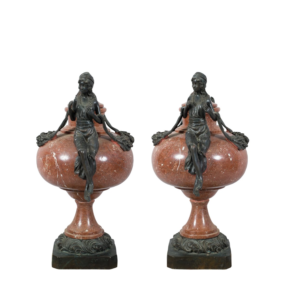 Coppia di vasi in marmo rosso di Verona e bronzo patinato. Italia, fine XIX secolo.-photo-2
