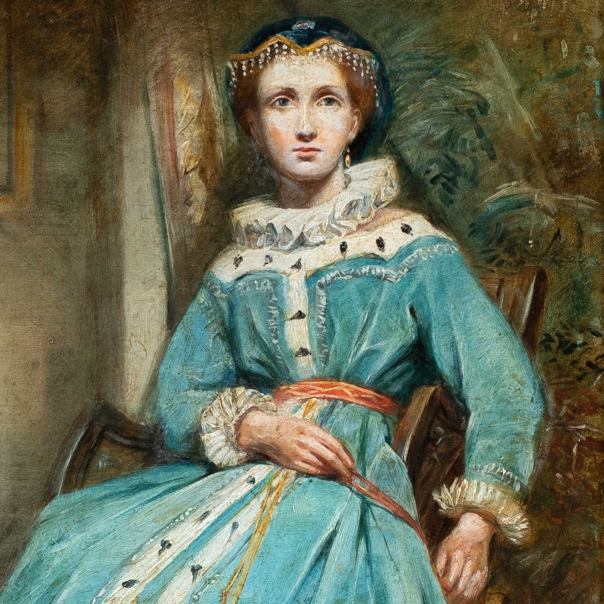 Pittore romantico (seconda metà del XIX secolo) - Ritratto di dama in costume medievale.-photo-2