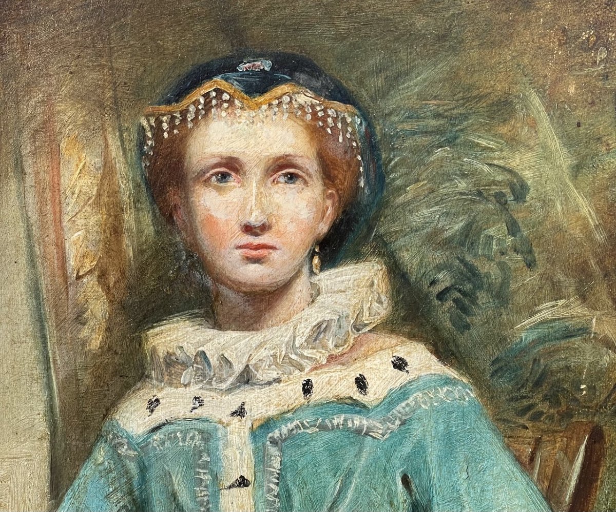 Pittore romantico (seconda metà del XIX secolo) - Ritratto di dama in costume medievale.-photo-2