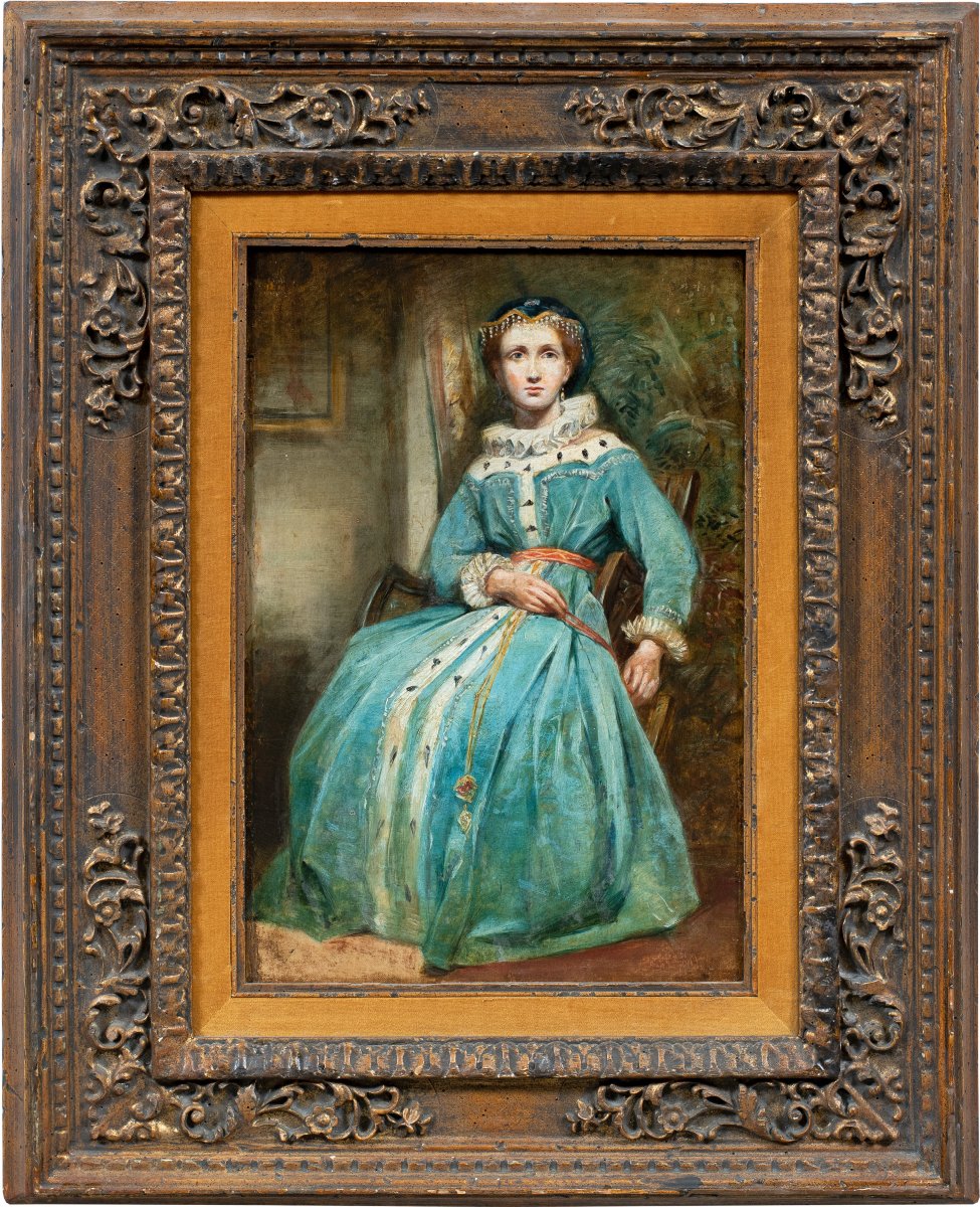 Pittore romantico (seconda metà del XIX secolo) - Ritratto di dama in costume medievale.