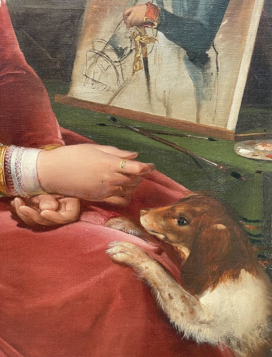 Pittore italiano (metà  XIX sec.) - Ritratto di dama con cagnolino e ritratto del consorte.-photo-2