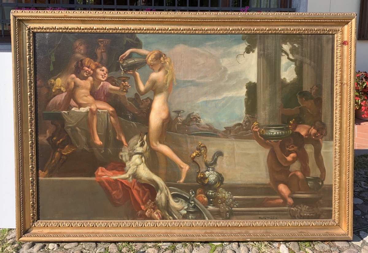 Mattia Traverso (Genova 1885 - Genova 1956) - Grande scena di banchetto con putti e ninfe.-photo-1