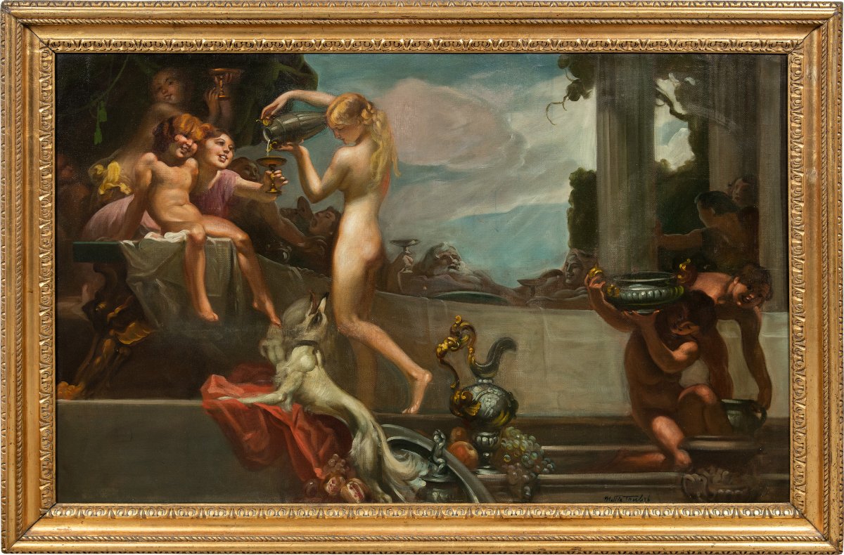 Mattia Traverso (Genova 1885 - Genova 1956) - Grande scena di banchetto con putti e ninfe.