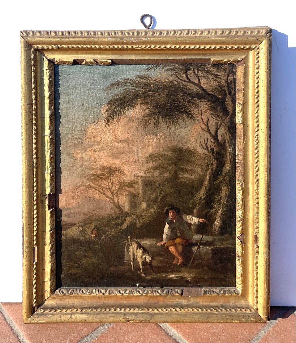 Pittore romano (XVII-XVIII sec.) - Paesaggio con pastore e cane.-photo-4