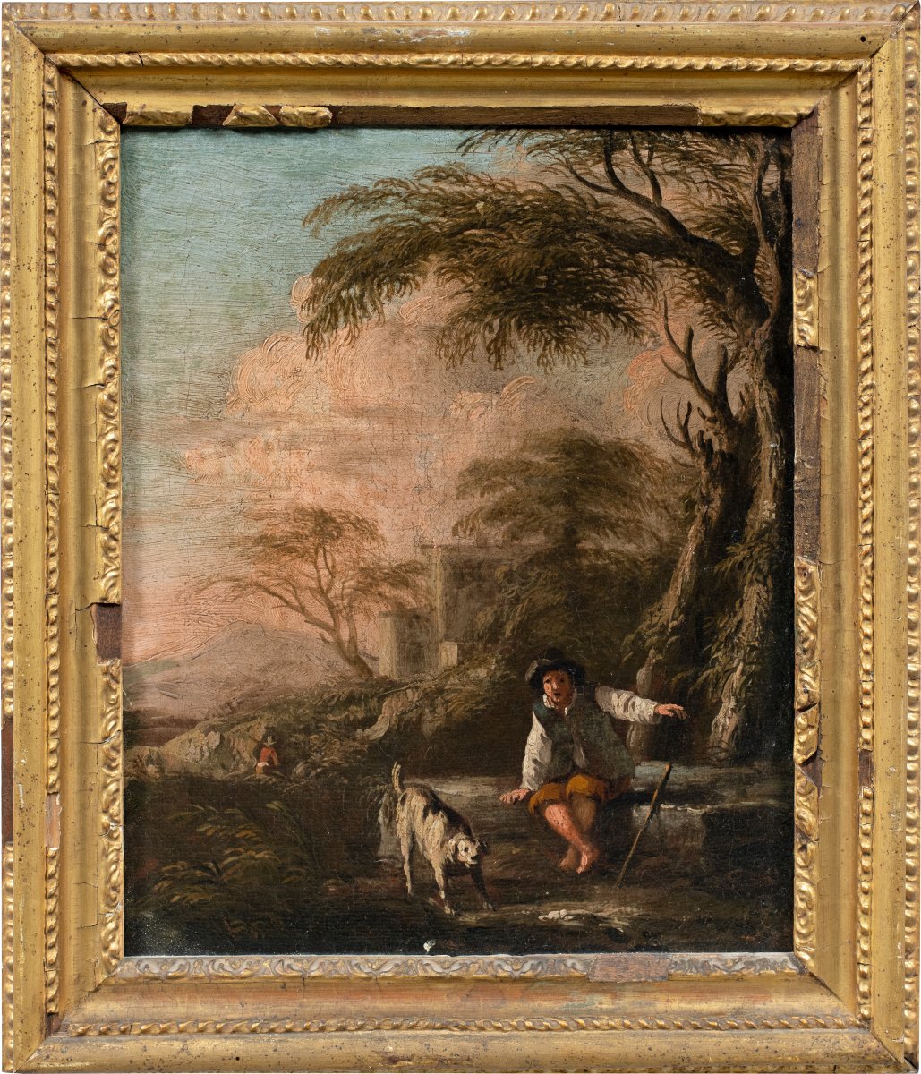 Pittore romano (XVII-XVIII sec.) - Paesaggio con pastore e cane.