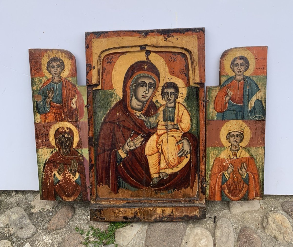 Pittore greco-ortodosso (XIX sec.) - Trittico portatile con Madonna Odigitria e quattro santi.-photo-4