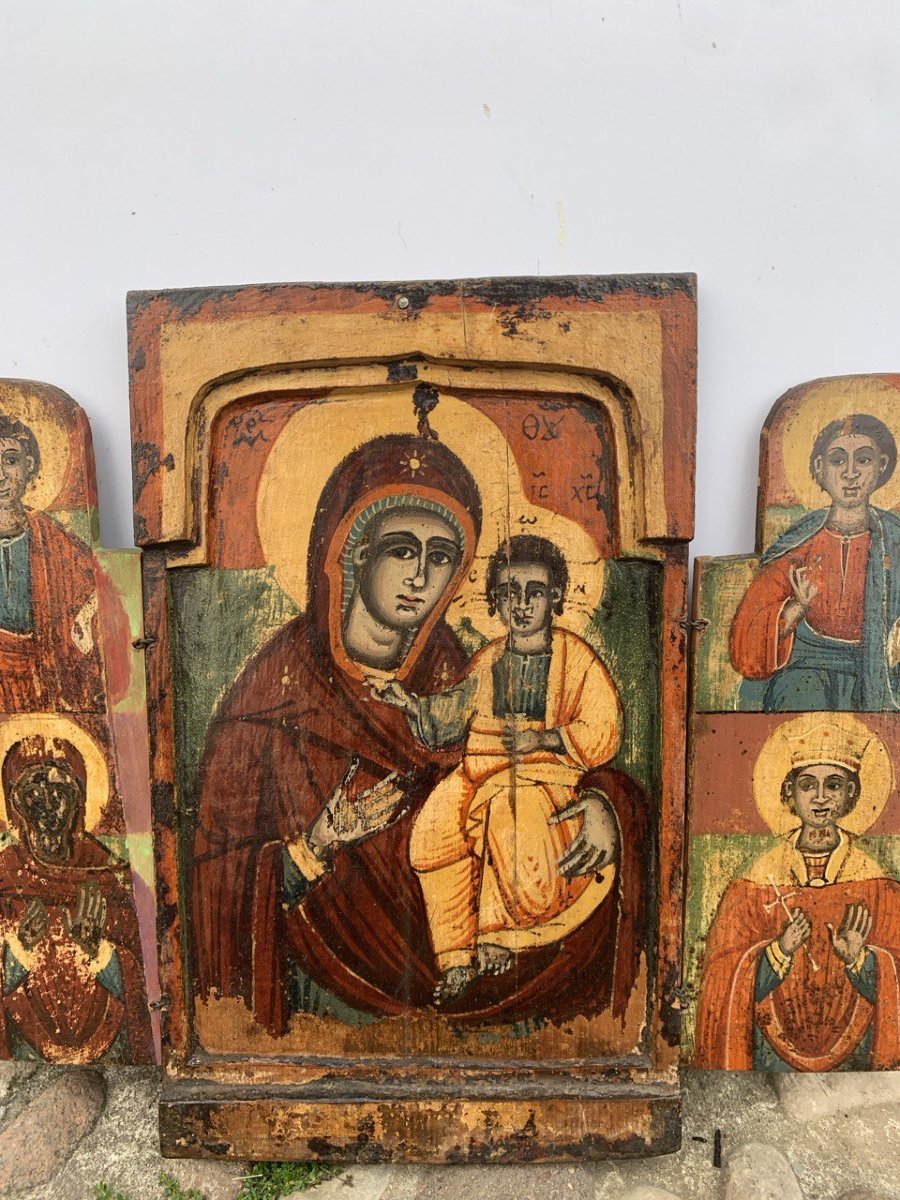 Pittore greco-ortodosso (XIX sec.) - Trittico portatile con Madonna Odigitria e quattro santi.-photo-1