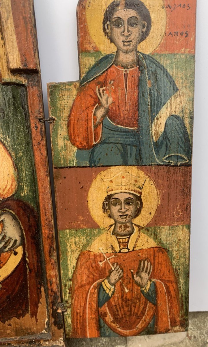 Pittore greco-ortodosso (XIX sec.) - Trittico portatile con Madonna Odigitria e quattro santi.-photo-2