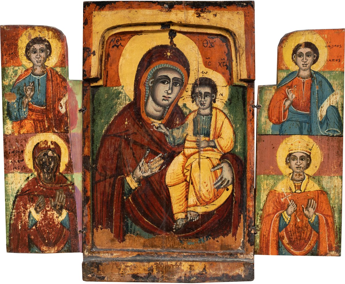 Pittore greco-ortodosso (XIX sec.) - Trittico portatile con Madonna Odigitria e quattro santi.