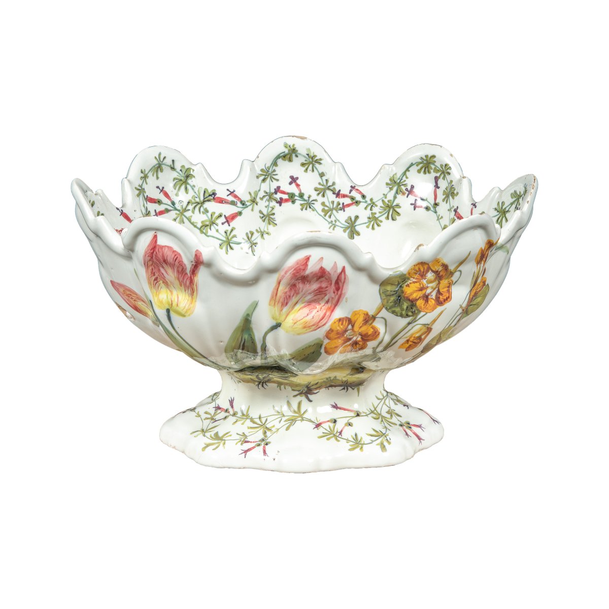 Coppa centrotavola in maiolica policroma. Manifattura Antonibon, Bassano, XIX secolo.