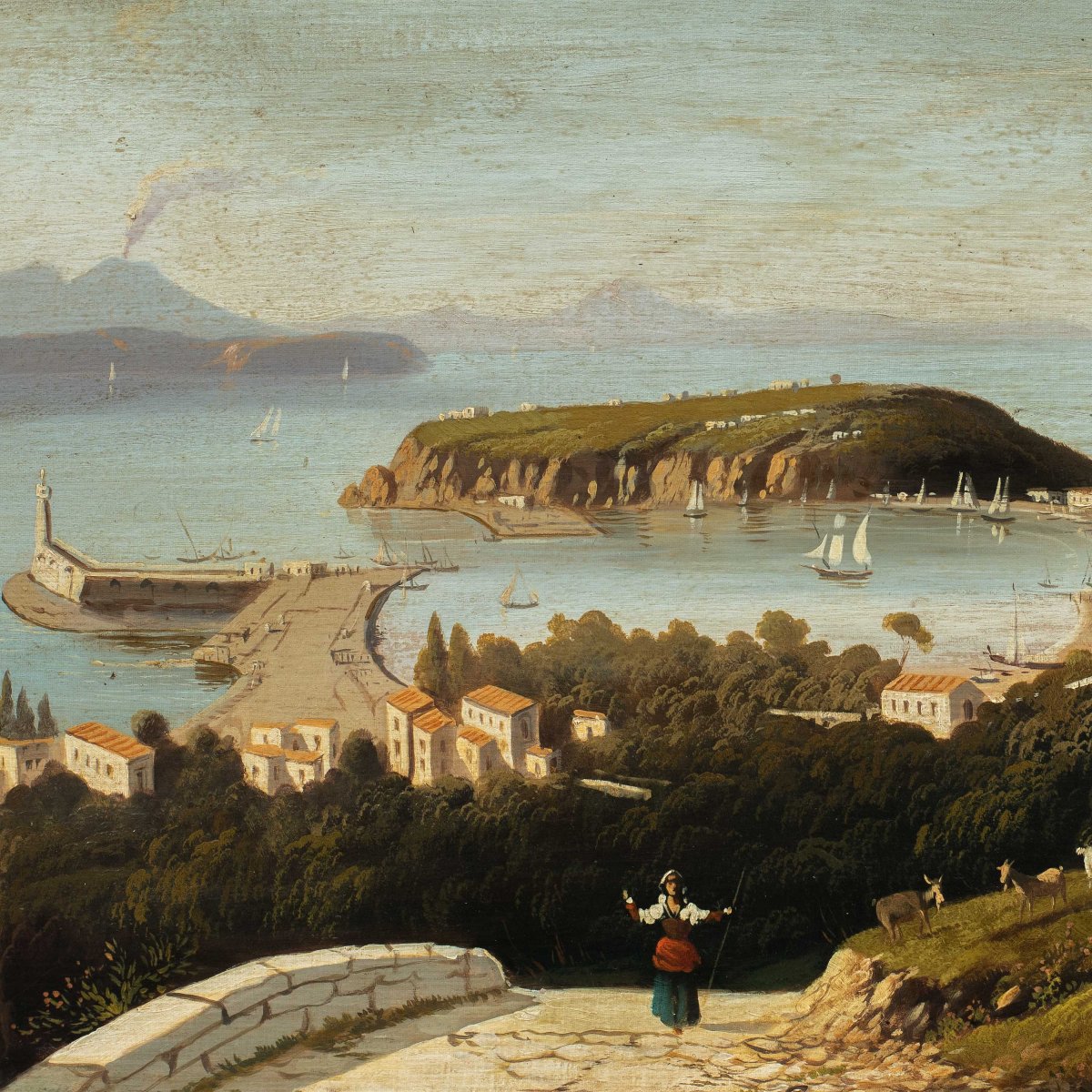 O. Giosti (attivo nel XIX sec.) - Veduta di Ischia con il porto e il Vesuvio sullo sfondo.-photo-2