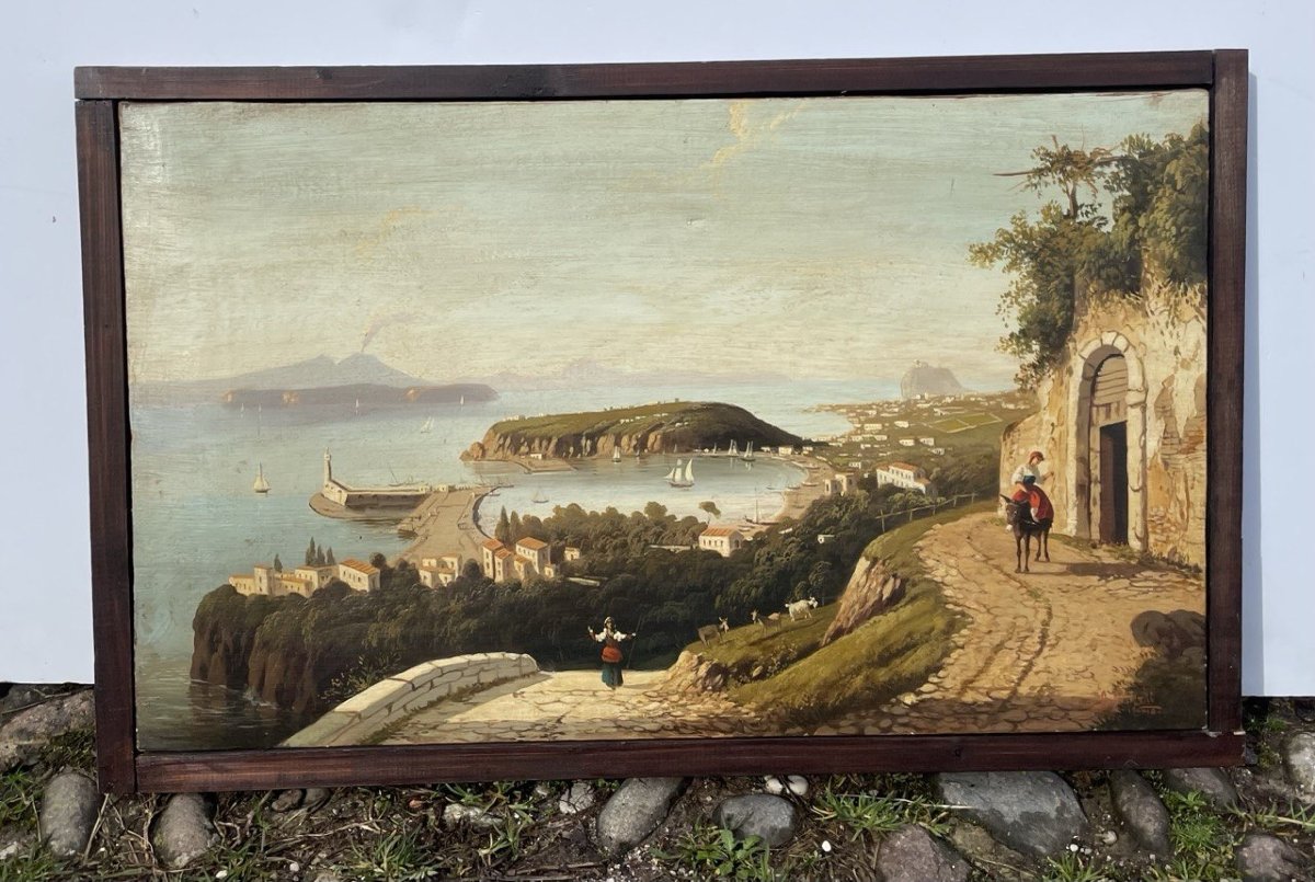 O. Giosti (attivo nel XIX sec.) - Veduta di Ischia con il porto e il Vesuvio sullo sfondo.-photo-4