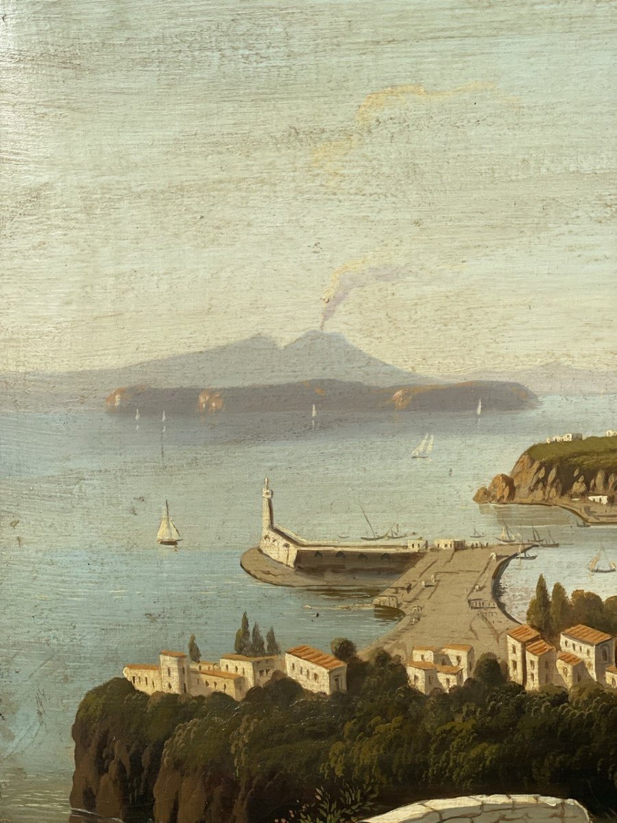 O. Giosti (attivo nel XIX sec.) - Veduta di Ischia con il porto e il Vesuvio sullo sfondo.-photo-1