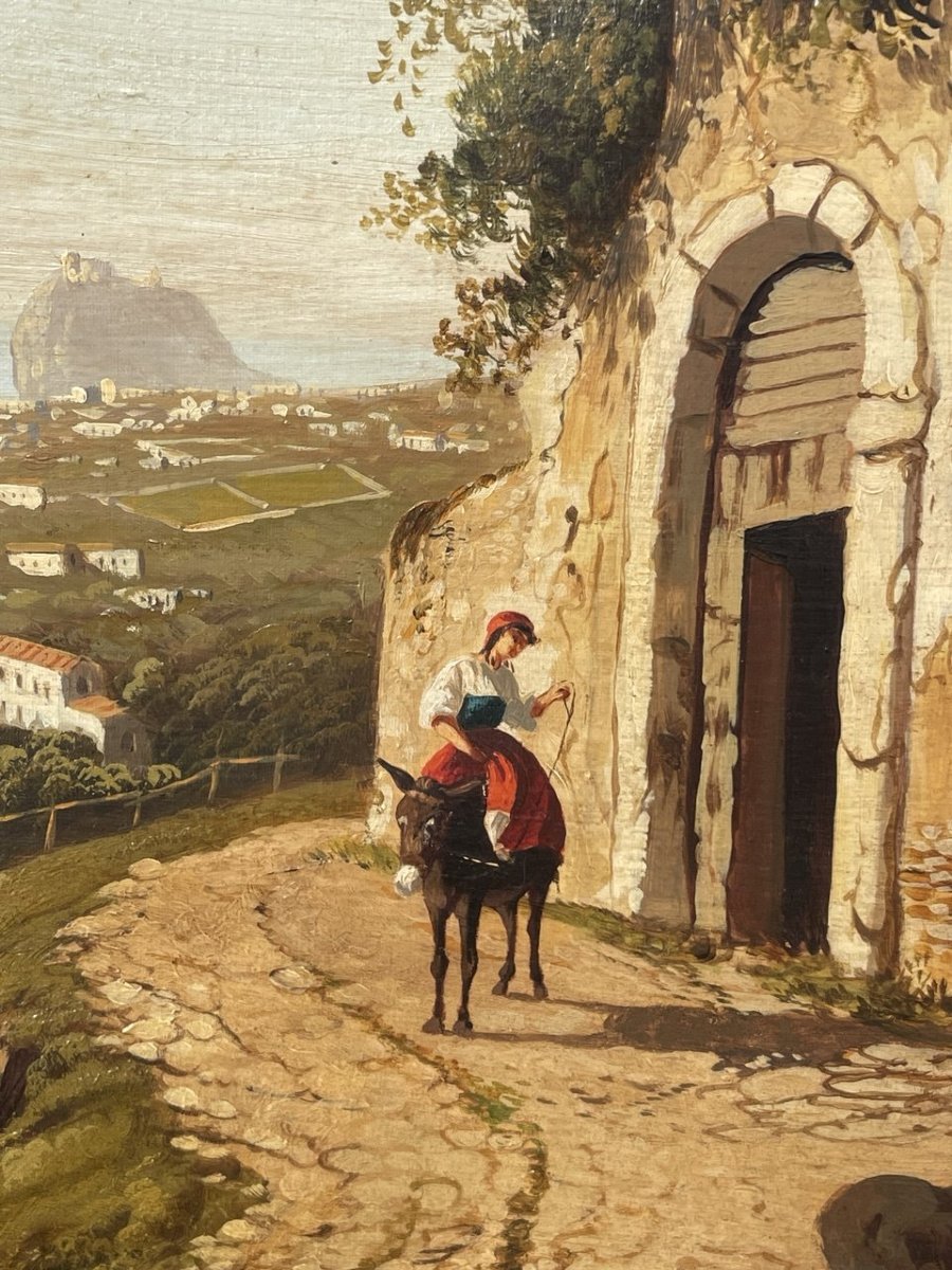 O. Giosti (attivo nel XIX sec.) - Veduta di Ischia con il porto e il Vesuvio sullo sfondo.-photo-2