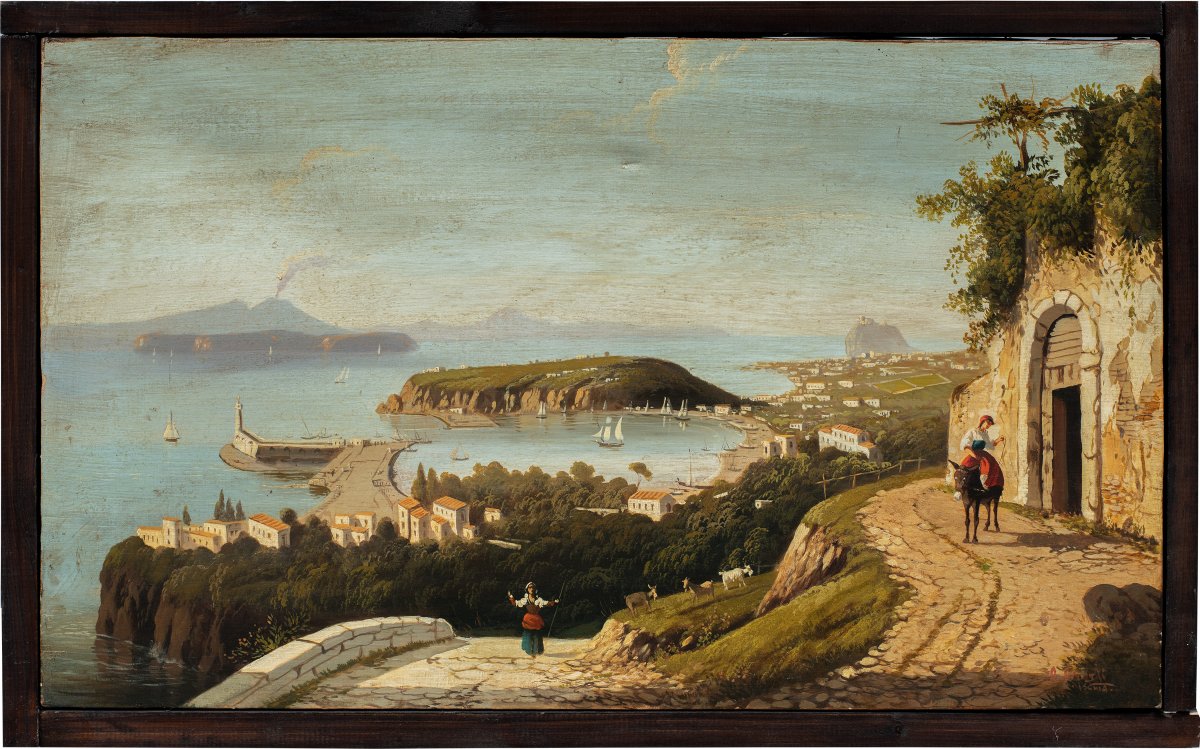 O. Giosti (attivo nel XIX sec.) - Veduta di Ischia con il porto e il Vesuvio sullo sfondo.