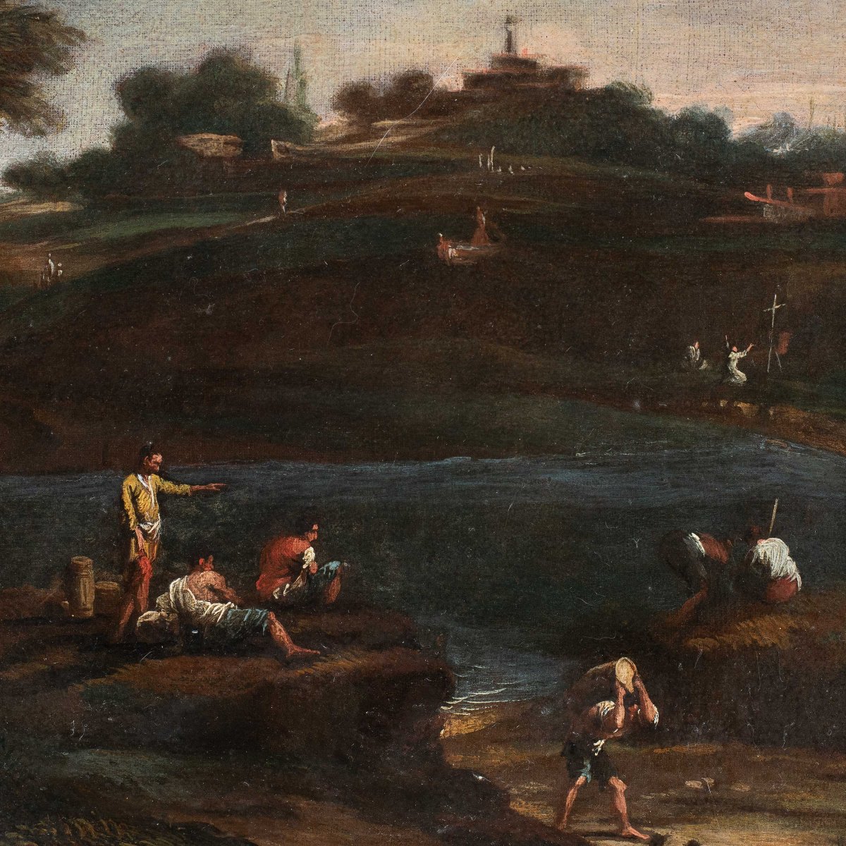 Cerchia di Marco Ricci (Belluno 1676 - Venezia 1730) - Paesaggio fluviale con figure.-photo-2