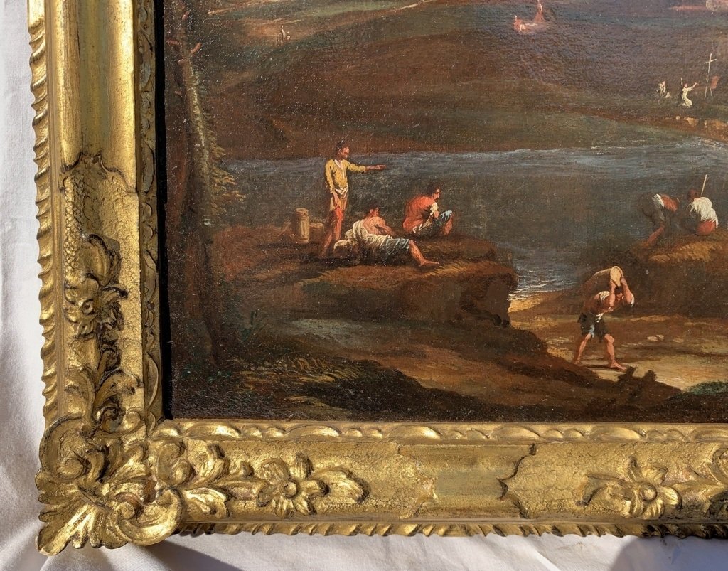 Cerchia di Marco Ricci (Belluno 1676 - Venezia 1730) - Paesaggio fluviale con figure.-photo-1