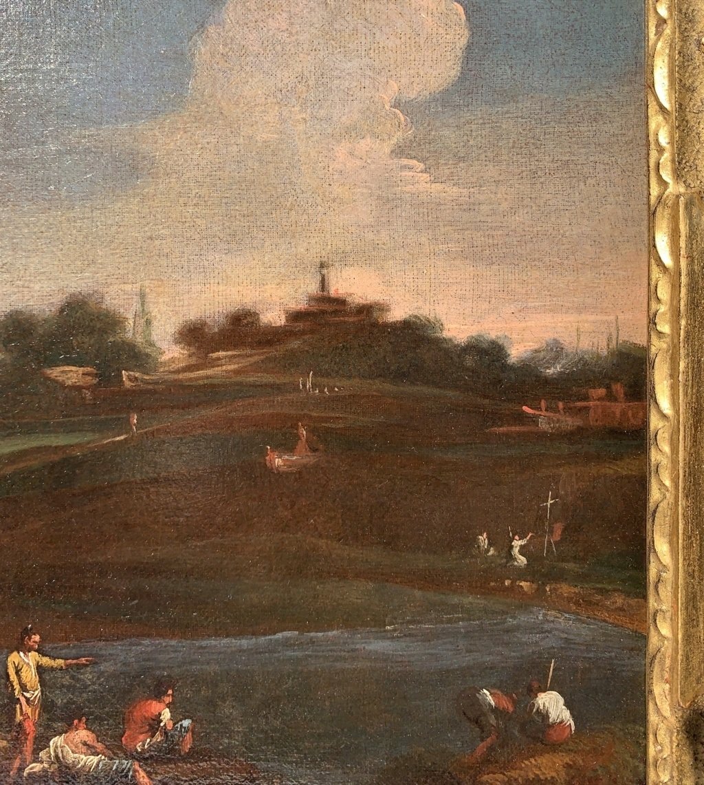 Cerchia di Marco Ricci (Belluno 1676 - Venezia 1730) - Paesaggio fluviale con figure.-photo-2