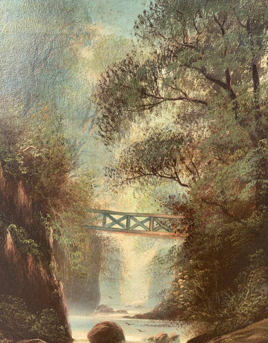 S.W. Clifford (British, fine XIX sec.) - Paesaggio boschivo con cascata.-photo-1