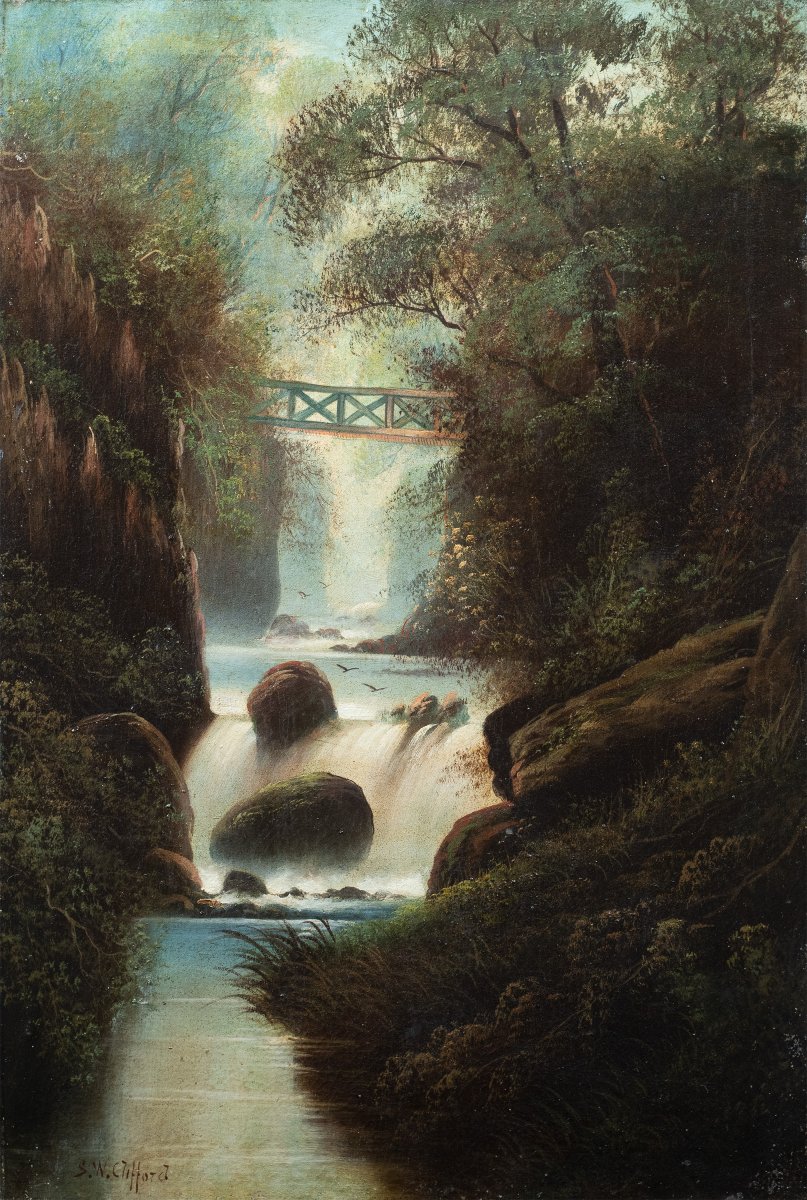 S.W. Clifford (British, fine XIX sec.) - Paesaggio boschivo con cascata.