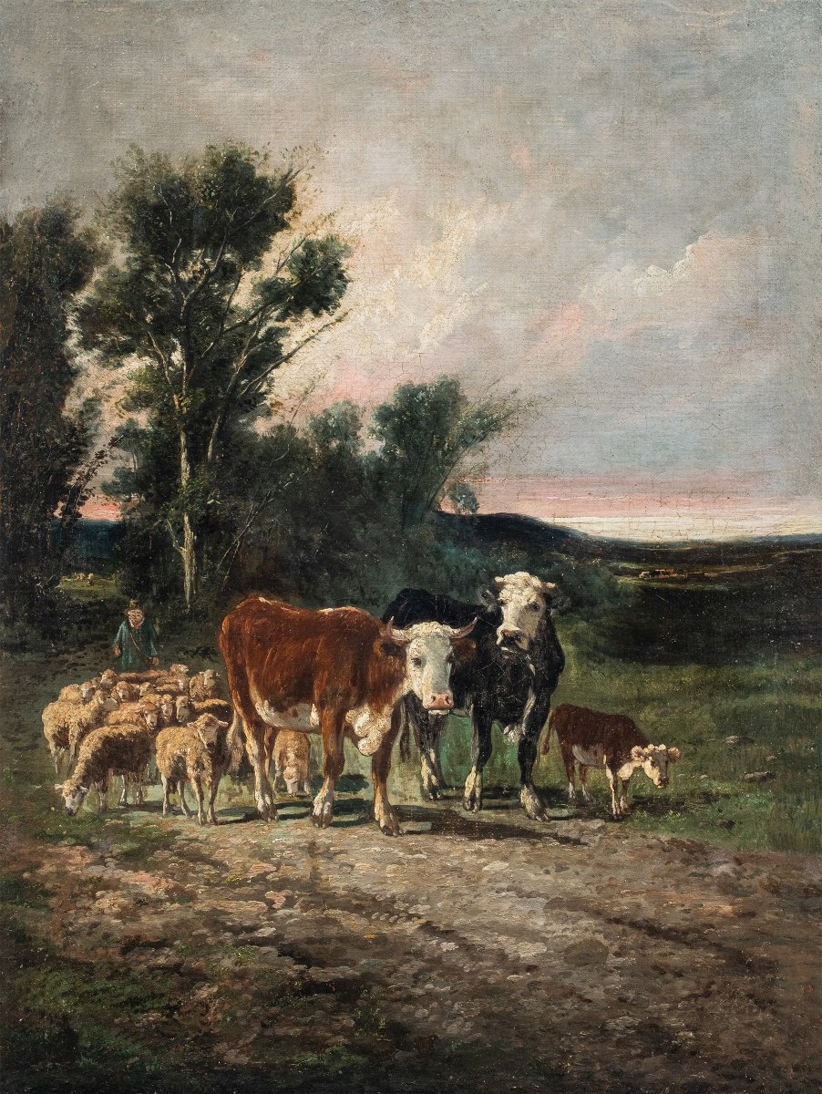 Pittore europeo (XIX secolo) - Paesaggio con bovini e gregge al tramonto.