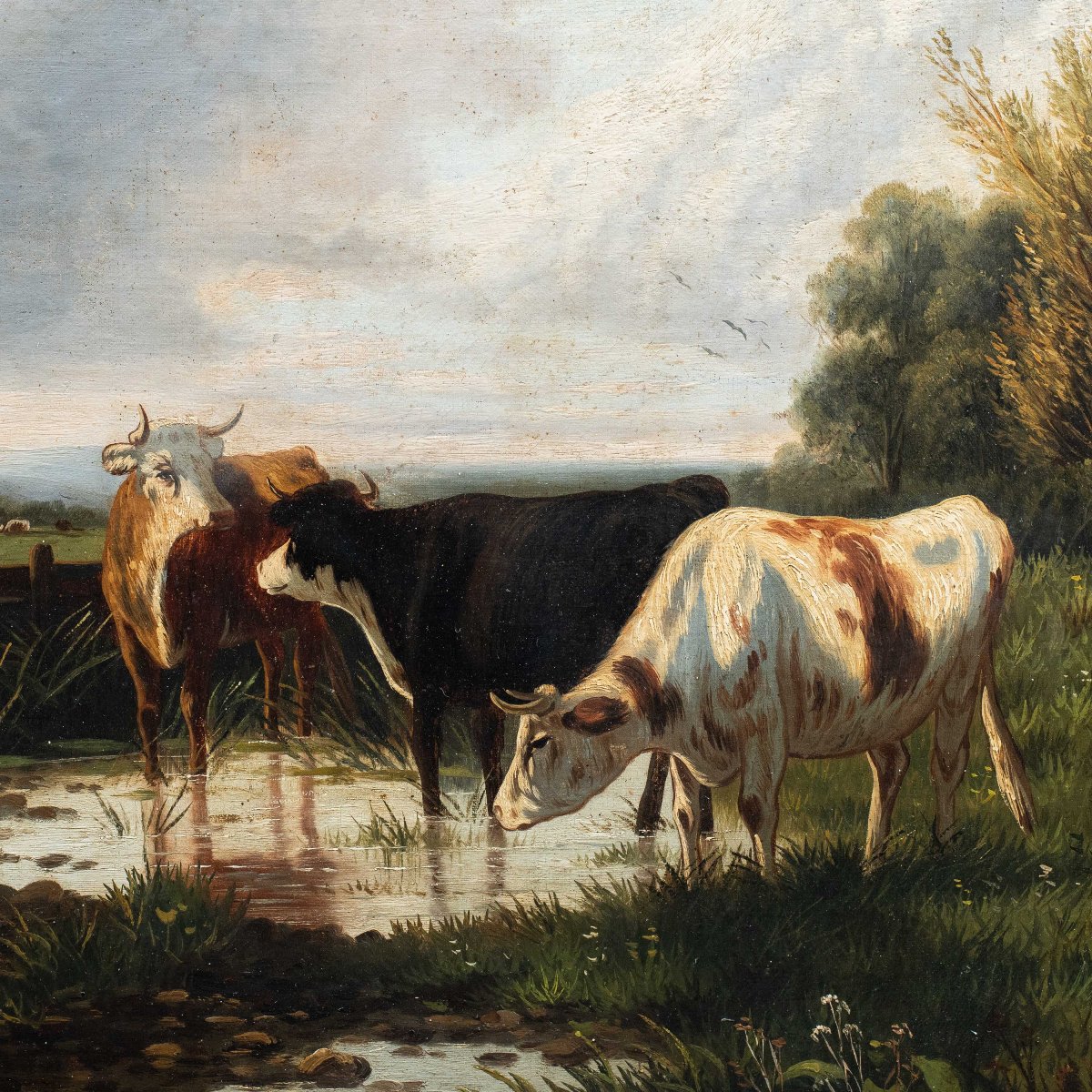 Pittore europeo (XIX secolo) - Paesaggio con bovini al guado.-photo-2