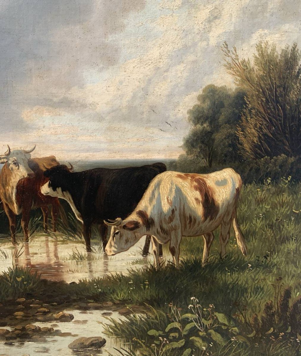 Pittore europeo (XIX secolo) - Paesaggio con bovini al guado.-photo-2