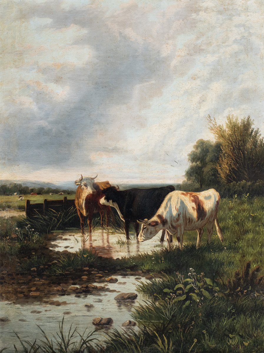 Pittore europeo (XIX secolo) - Paesaggio con bovini al guado.