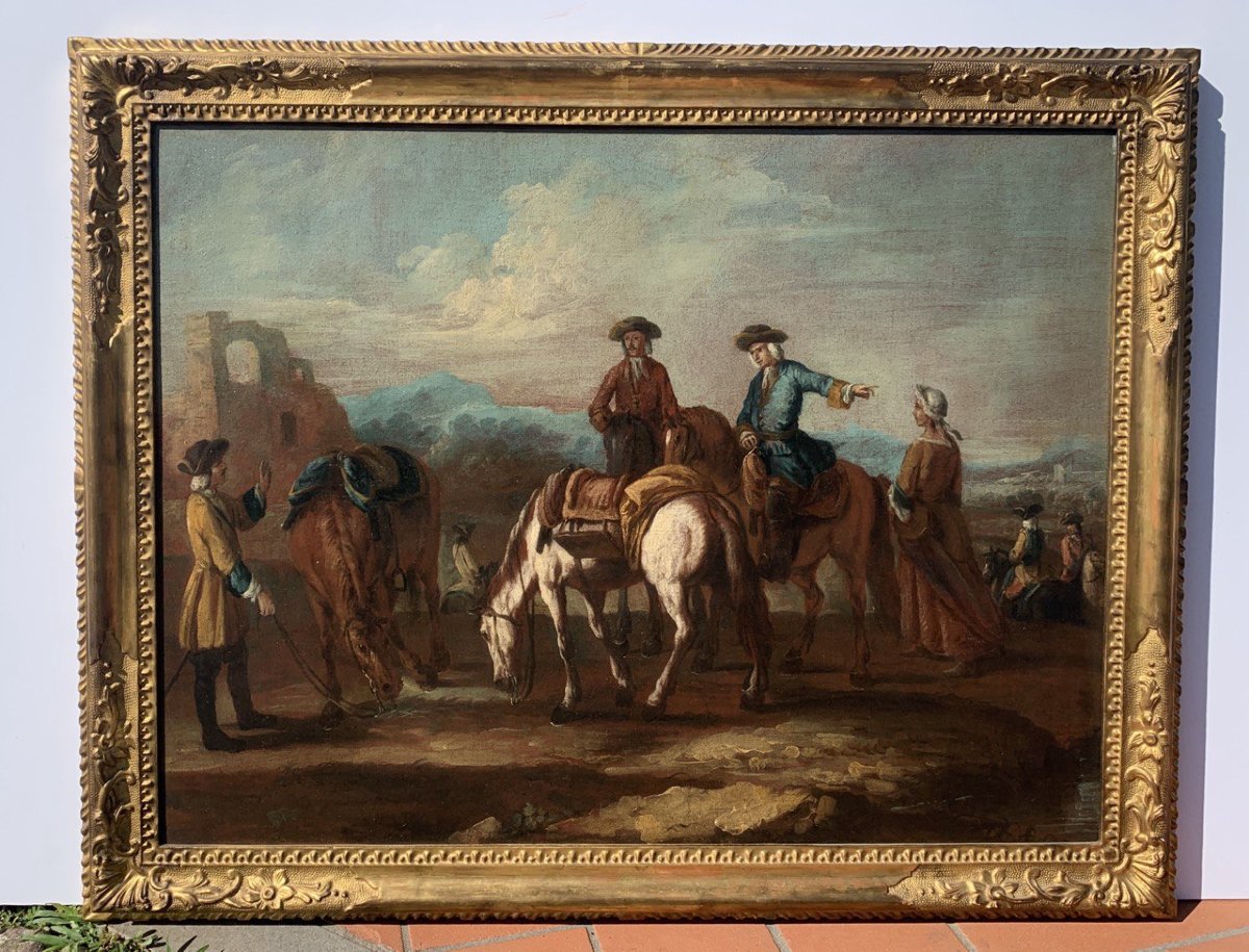 Giuseppe Zais (Forno di Canale 1709 - Treviso 1784) - Paesaggio con cavalieri in sosta.-photo-4