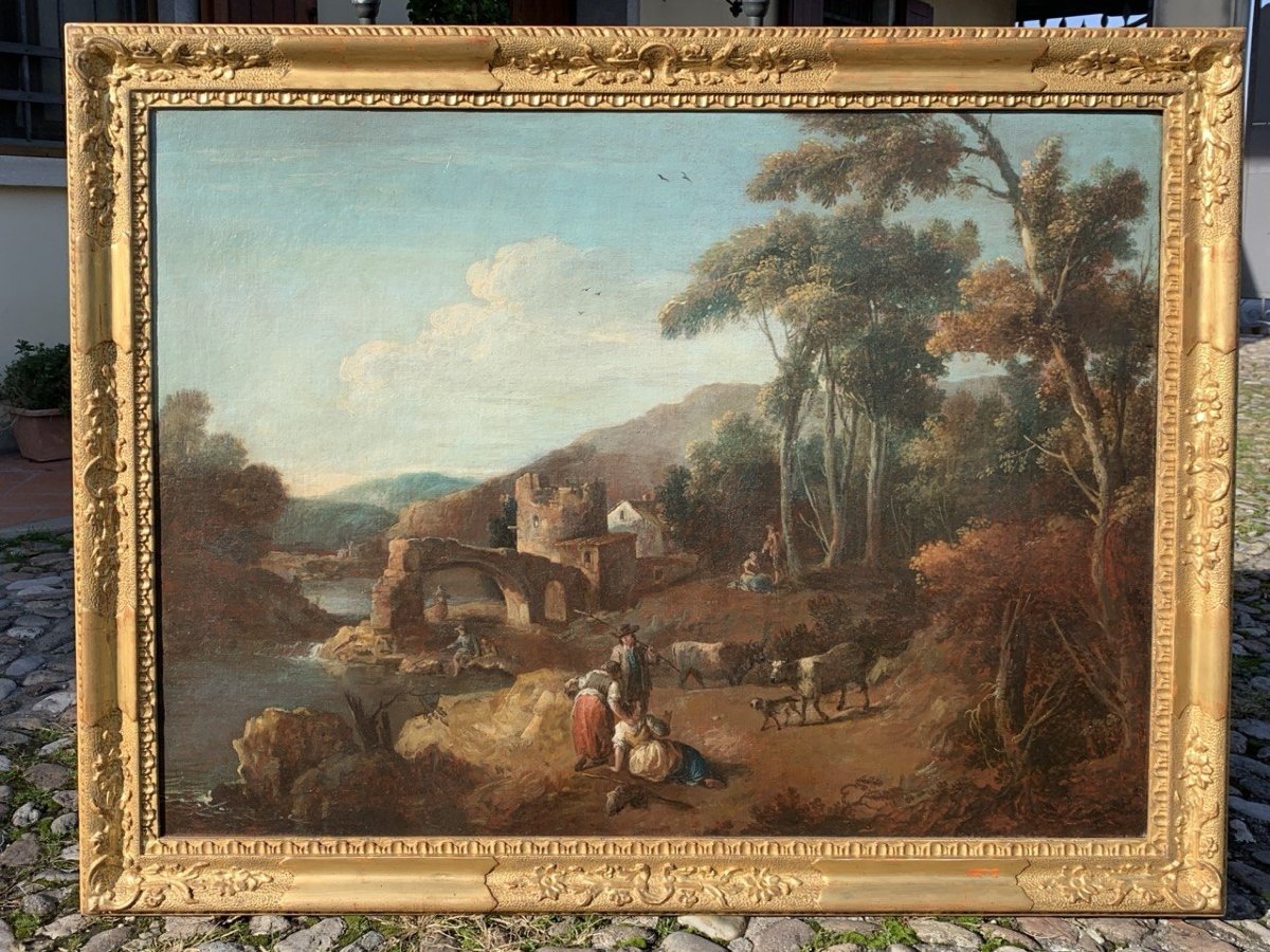Giuseppe Zais (Forno di Canale 1709 - Treviso 1784) - Paesaggio con pastori, armenti e ponte.-photo-4