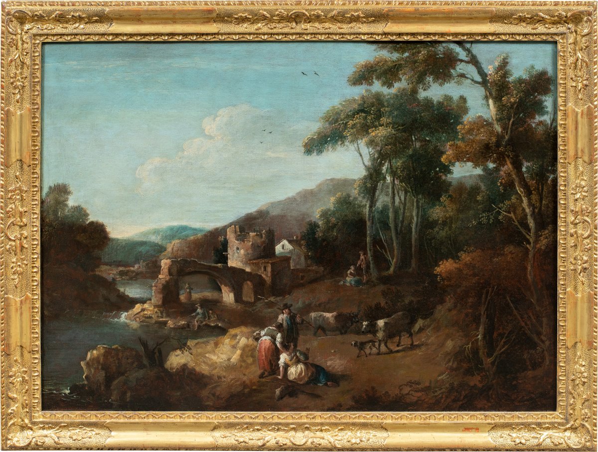 Giuseppe Zais (Forno di Canale 1709 - Treviso 1784) - Paesaggio con pastori, armenti e ponte.