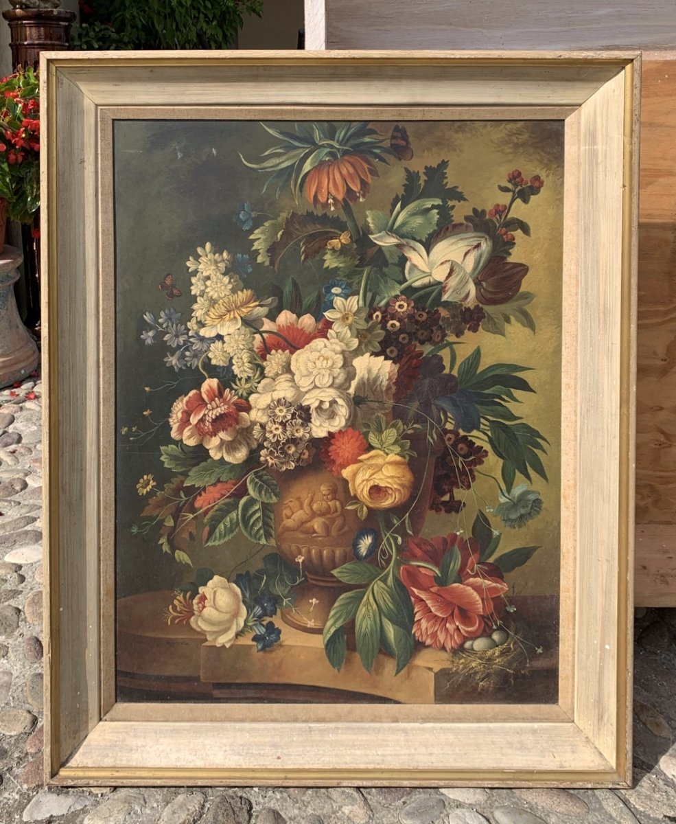 Pittore italiano (XIX secolo) - Natura morta con vaso di fiori.-photo-4