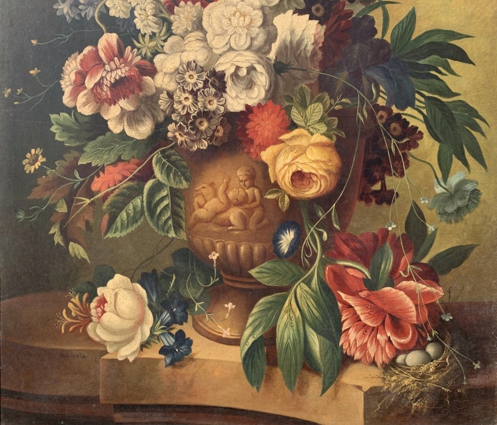 Pittore italiano (XIX secolo) - Natura morta con vaso di fiori.-photo-2