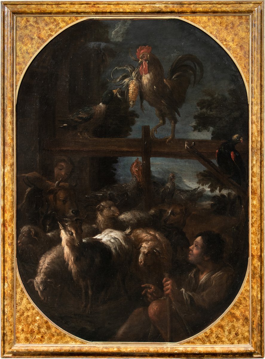Felice Boselli (Piacenza 1650 - Parma 1732) - Pastore con gregge e selvaggina.