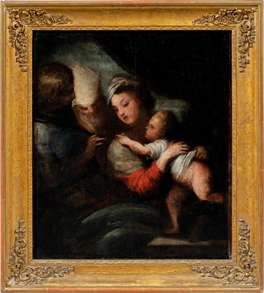 Pittore veneziano (inizi XVII secolo) - Madonna col Bambino, san Giorgio e san Nicola.