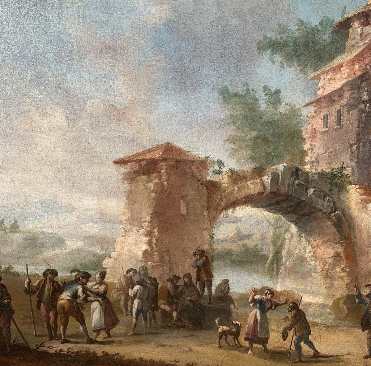 Pittore piemontese (XVIII sec.) - Paesaggio con rovine e personaggi.-photo-1