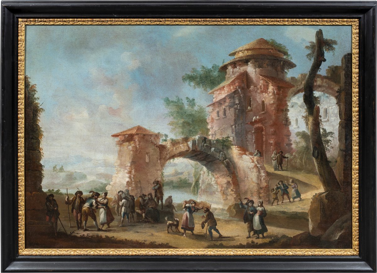 Pittore piemontese (XVIII sec.) - Paesaggio con rovine e personaggi.