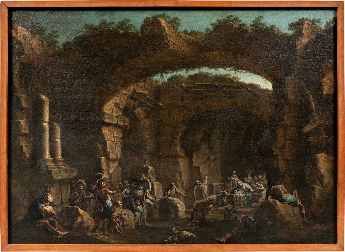 Clemente Spera (Novara 1661 - Milano 1742) - Adorazione dei pastori in un paesaggio con rovine.