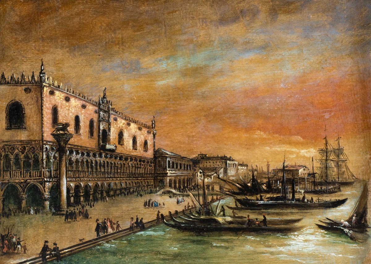 Pittore veneziano (XIX) - Venezia, veduta del Bacino di San Marco verso la Riva degli Schiavoni-photo-2