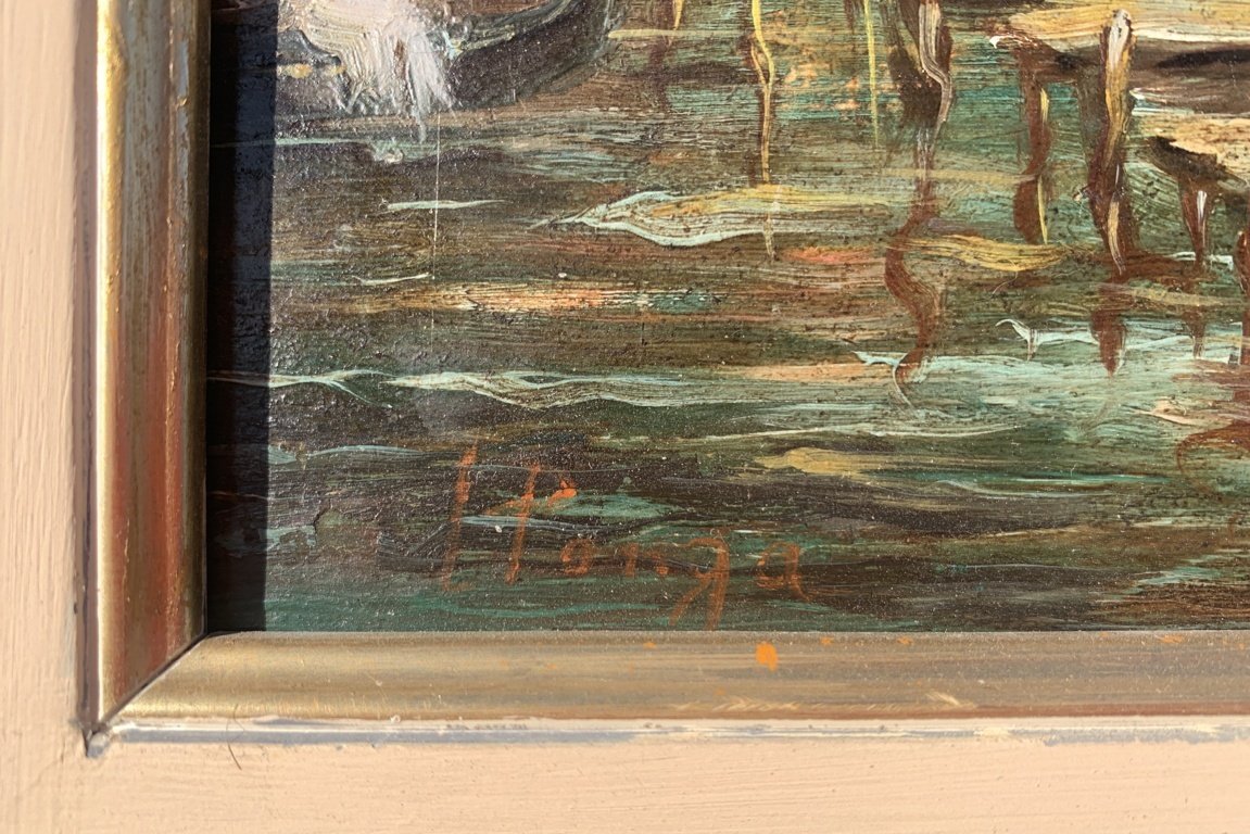 Lucia Ponga degli Ancillo (Venezia XX) - Capriccio veneziano con pontile, gondola e macchiette.-photo-4