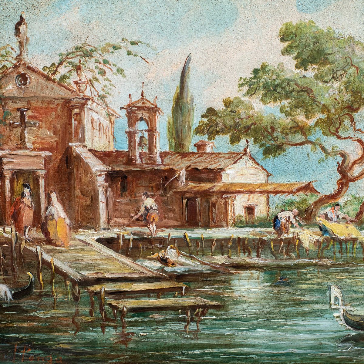 Lucia Ponga degli Ancillo (Venezia XX) - Capriccio veneziano con pontile, gondola e macchiette.-photo-2