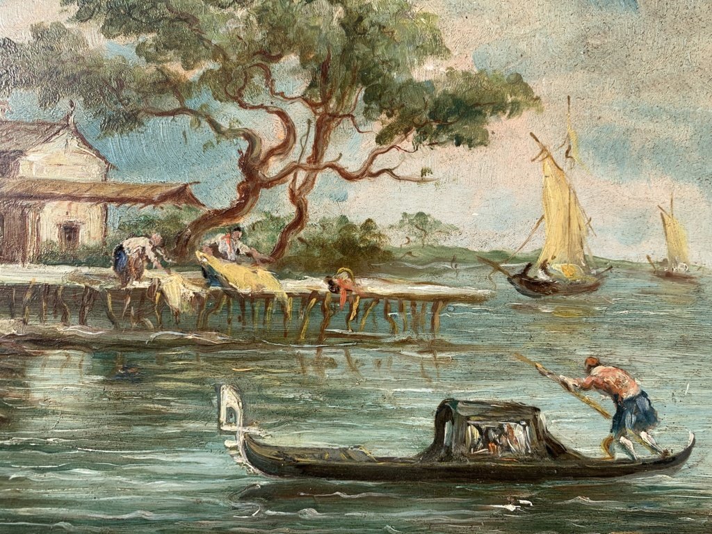 Lucia Ponga degli Ancillo (Venezia XX) - Capriccio veneziano con pontile, gondola e macchiette.-photo-1
