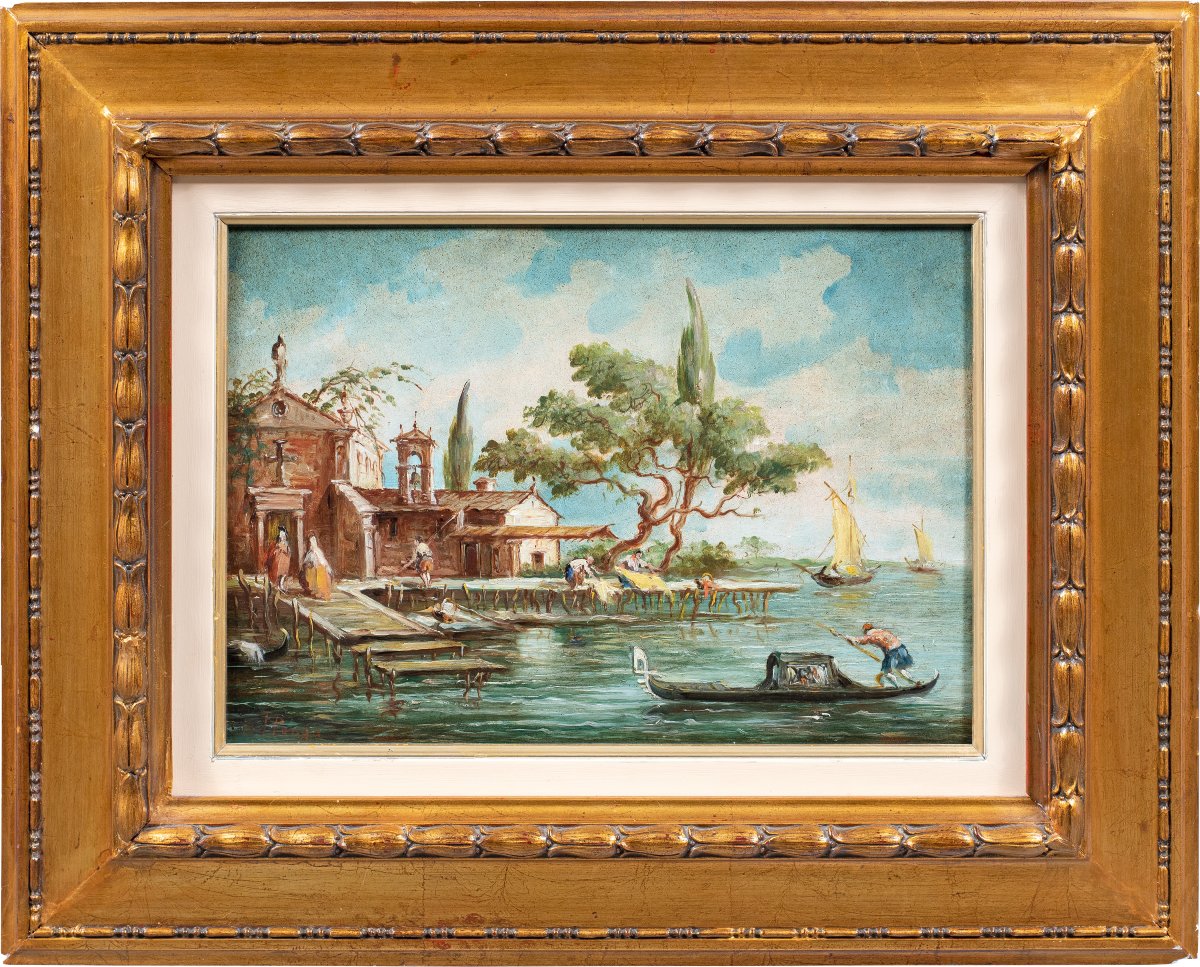 Lucia Ponga degli Ancillo (Venezia XX) - Capriccio veneziano con pontile, gondola e macchiette.