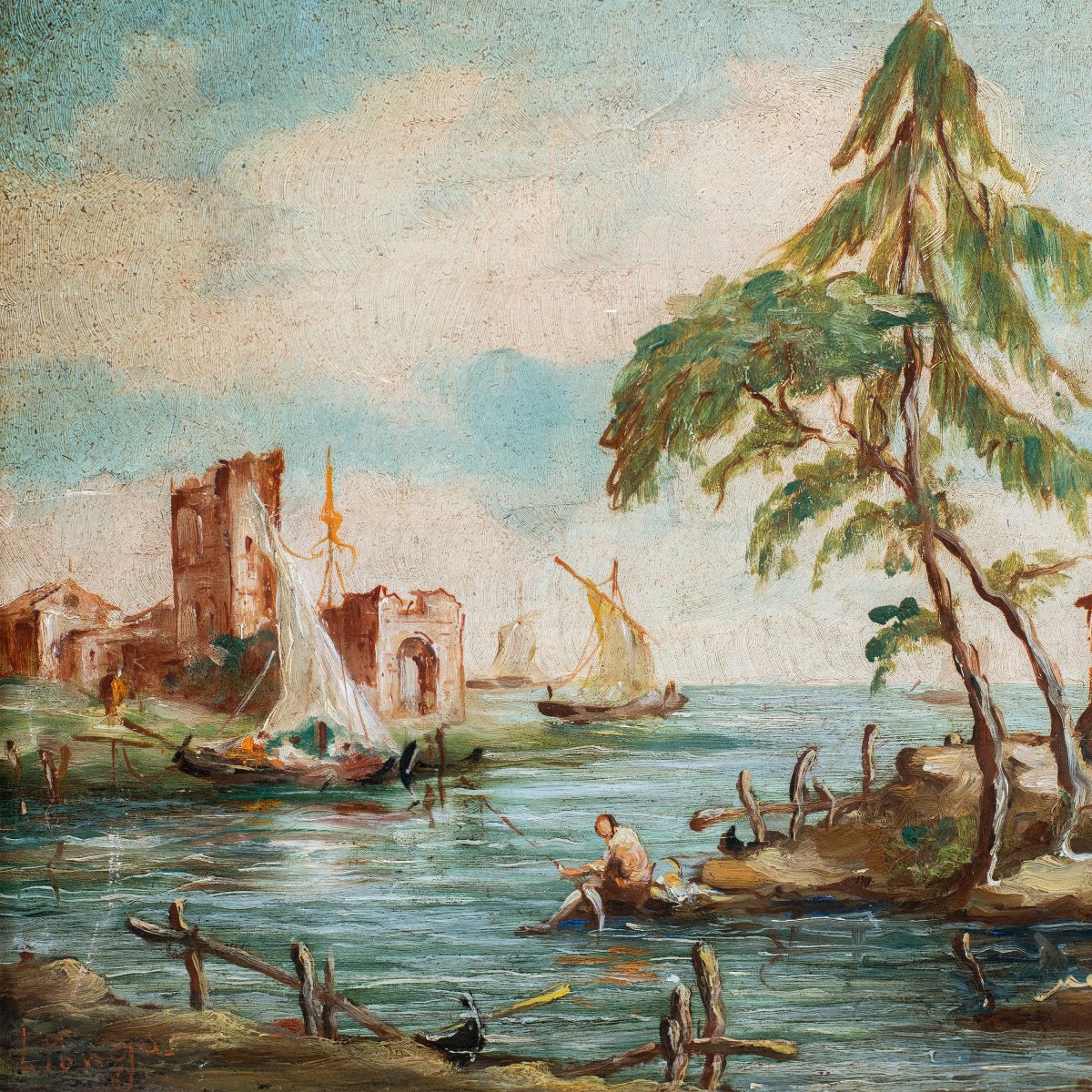 Lucia Ponga degli Ancillo (Venezia, XX) - Capriccio veneziano con rovine, barche e macchiette.-photo-2