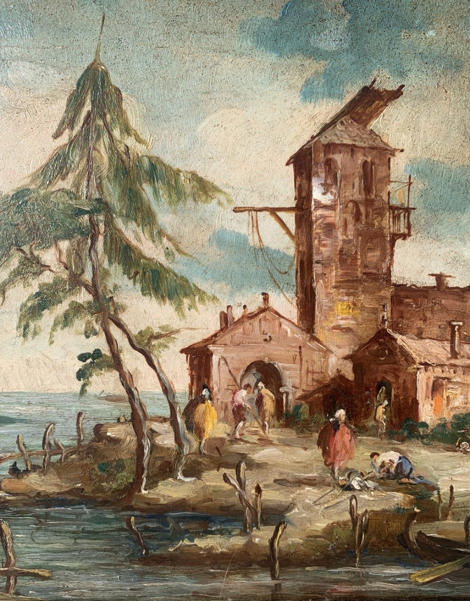 Lucia Ponga degli Ancillo (Venezia, XX) - Capriccio veneziano con rovine, barche e macchiette.-photo-4