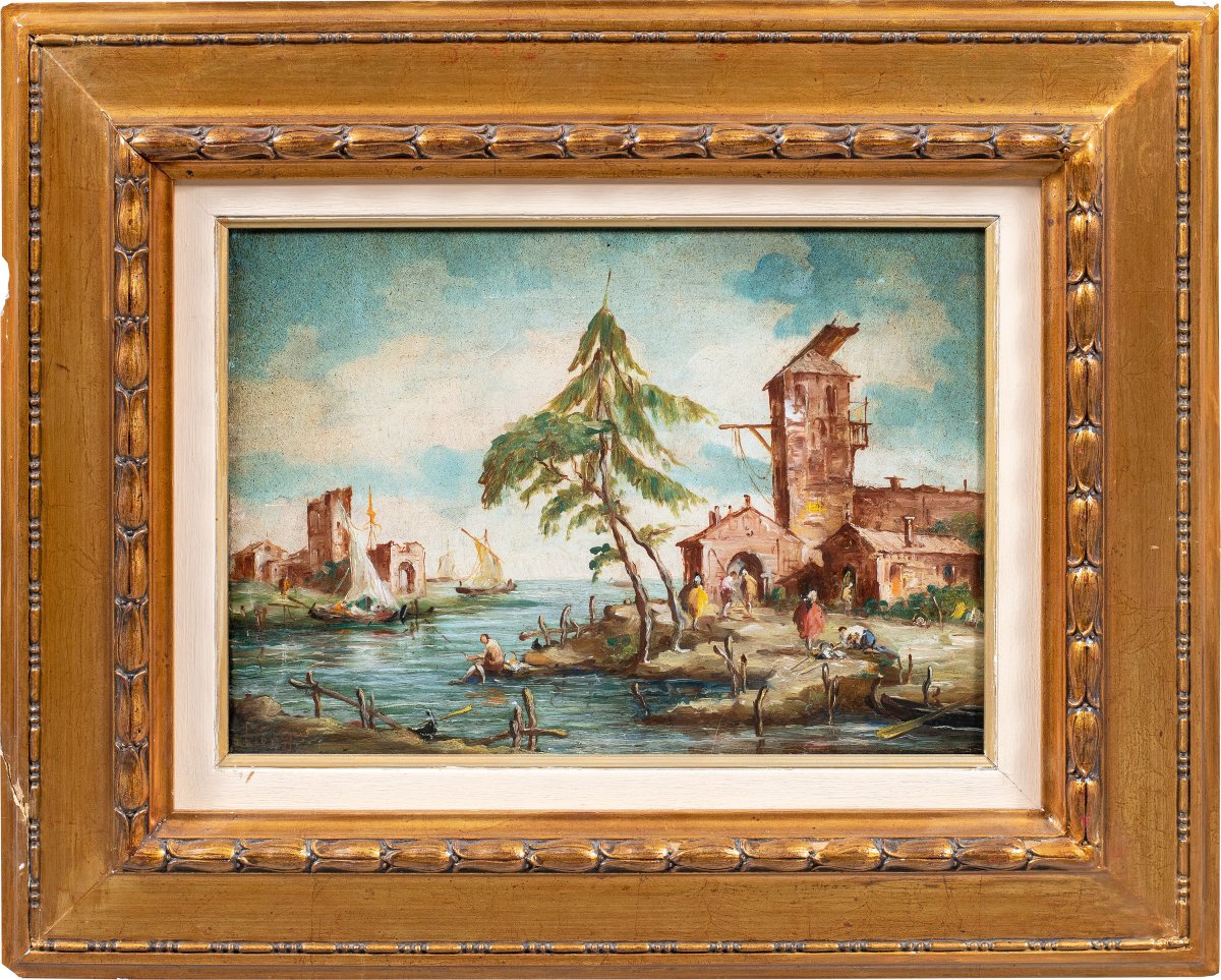 Lucia Ponga degli Ancillo (Venezia, XX) - Capriccio veneziano con rovine, barche e macchiette.